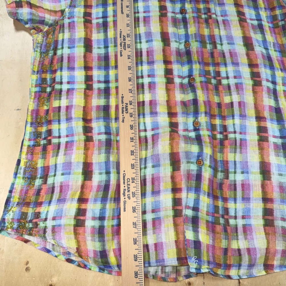 Robert Graham Mens XL Linen Plaid Short Sleeve Button Down Shirt Gold Embroidery - Picture 4 of 6
